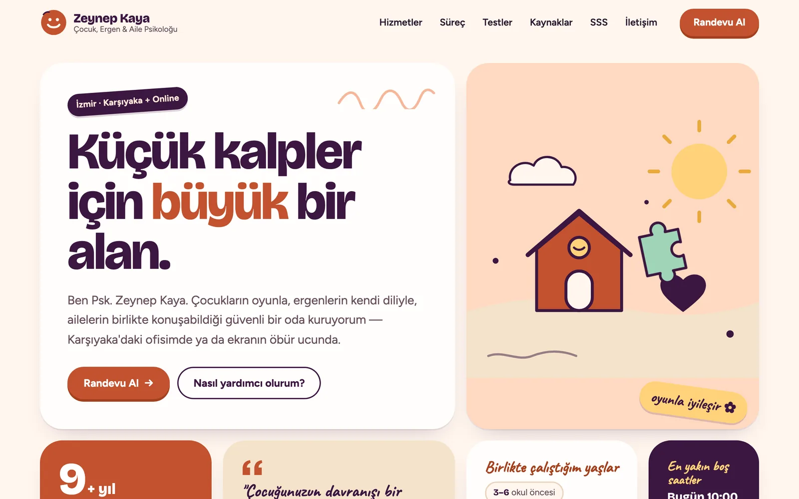 Psk. Zeynep Kaya demo sitesinin ana sayfası: şeftali tonlarında oyun odası illüstrasyonu